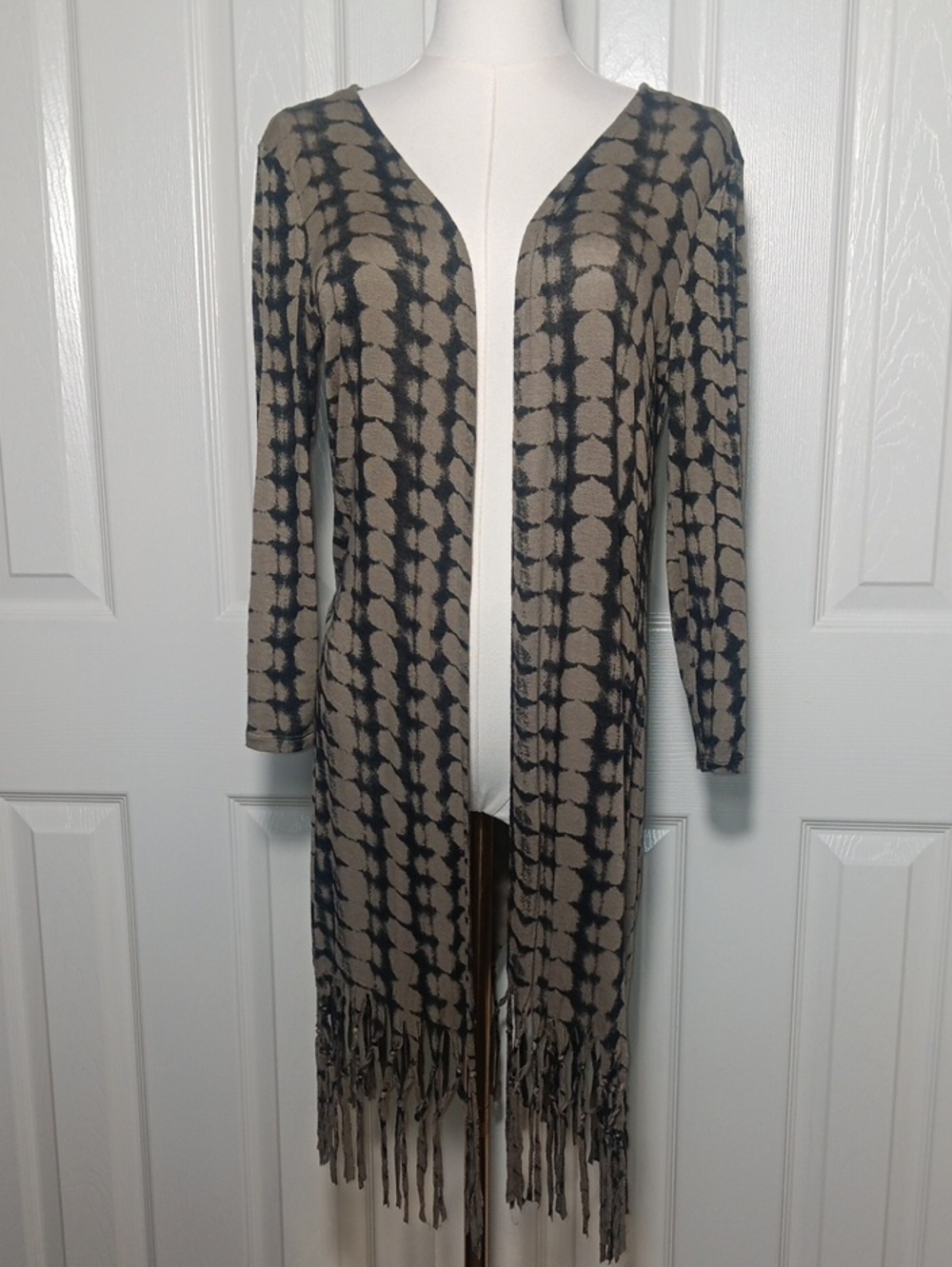 Eye Candy Boho Tie Dye Fringe Open Front Duster Cardigan Size 1X Earthy Taupe